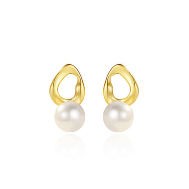 925 Sterling Silver Plated Gold Simple and Elegant Hollow Irregular Geometric Imitation Pearl Stud Earrings
