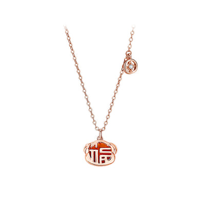 925 Sterling Silver Rose Plated Gold Fashion Vintage Zodiac Dog Imitation Agate Pendant with Cubic Zirconia and Necklace