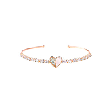 925 Sterling Silver Plated Rose Gold Simple Sweet Heart Shape Adjustable Open Bangle with Cubic Zirconia