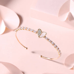 925 Sterling Silver Plated Rose Gold Simple Sweet Heart Shape Adjustable Open Bangle with Cubic Zirconia