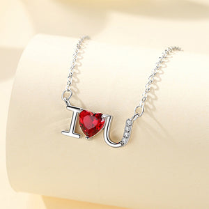 925 Sterling Silver Fashion and Romantic Iloveyou Alphabet Heart-shaped Pendant with Red Cubic Zirconia and Necklace