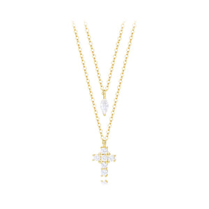 925 Sterling Silver Plated Gold Simple and Fashion Cross Double-layer Pendant with Cubic Zirconia and Necklace