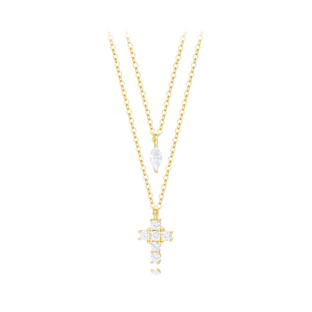 925 Sterling Silver Plated Gold Simple and Fashion Cross Double-layer Pendant with Cubic Zirconia and Necklace