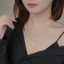 Load image into Gallery viewer, 925 Sterling Silver Plated Gold Simple and Fashion Cross Double-layer Pendant with Cubic Zirconia and Necklace