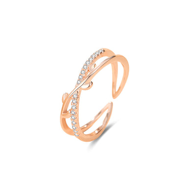 925 Sterling Silver Plated Rose Gold Simple and Fashion Leaf Cross Geometric Adjustable Open Ring with Cubic Zirconia