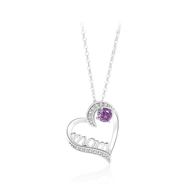 925 Sterling Silver Fashion and Simple Mom Heart-shaped Pendant with Purple Cubic Zirconia and Necklace