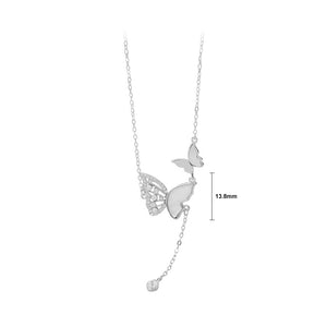 925 Sterling Silver Fashion and Elegant Butterfly Imitation Pearl Tassel Pendant with Cubic Zirconia and Necklace
