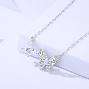 925 Sterling Silver Fashion and Cute Double Butterfly Pendant with Cubic Zirconia and Necklace