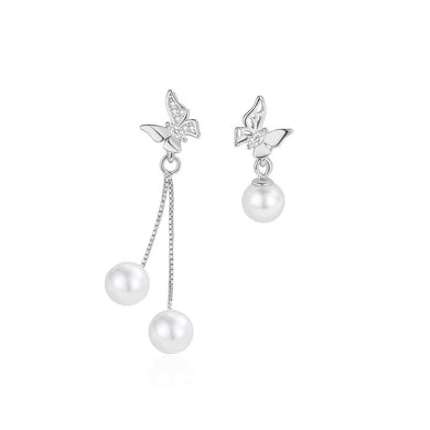 925 Sterling Silver Fashion Elegant Butterfly Imitation Pearl Asymmetric Tassel Earrings with Cubic Zirconia