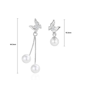 925 Sterling Silver Fashion Elegant Butterfly Imitation Pearl Asymmetric Tassel Earrings with Cubic Zirconia