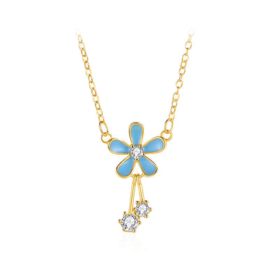 925 Sterling Silver Plated Gold Fashion Simple Enamel Blue Flower Pendant with Cubic Zirconia and Necklace