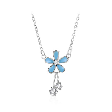 925 Sterling Silver Fashion Simple Enamel Blue Flower Pendant with Cubic Zirconia and Necklace