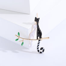Load image into Gallery viewer, Fashion and Cute Plated Gold Enamel Black and White Cat Brooch