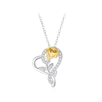 925 Sterling Silver Fashion and Romantic Golden Rose Heart-shaped Pendant with Cubic Zirconia and Necklace