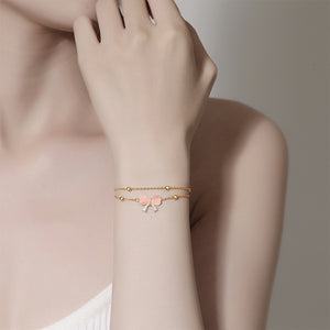 925 Sterling Silver Plated Gold Simple Sweet Ribbon Double Layer Bracelet with Imitation Cats Eye