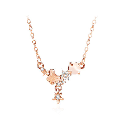 925 Sterling Silver Plated Rose Gold Fashion Temperament Butterfly Flower Pendant with Cubic Zirconia and Necklace