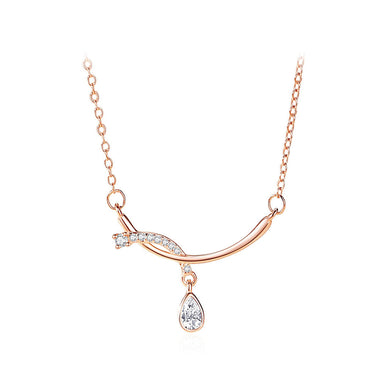 925 Sterling Silver Plated Rose Gold Simple and Creative Curved Water Drop-shaped Pendant with Cubic Zirconia and Necklace