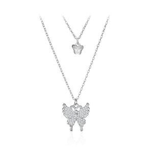 925 Sterling Silver Fashion and Simple Butterfly Pendant with Cubic Zirconia and Double-layer Necklace
