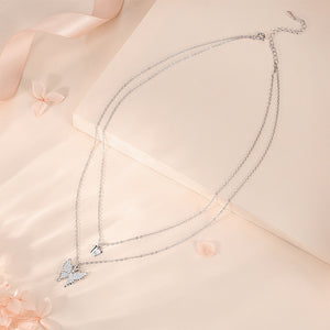 925 Sterling Silver Fashion and Simple Butterfly Pendant with Cubic Zirconia and Double-layer Necklace