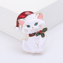 Load image into Gallery viewer, Fashion Cute Plated Gold Enamel White Christmas Cat Brooch with Cubic Zirconia