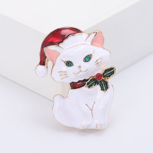Fashion Cute Plated Gold Enamel White Christmas Cat Brooch with Cubic Zirconia