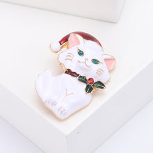 Load image into Gallery viewer, Fashion Cute Plated Gold Enamel White Christmas Cat Brooch with Cubic Zirconia