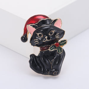 Fashion Cute Plated Gold Enamel Black Christmas Cat Brooch with Cubic Zirconia