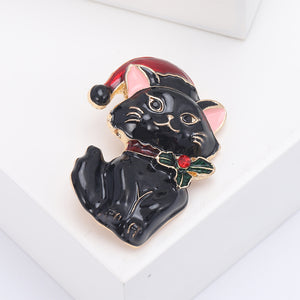 Fashion Cute Plated Gold Enamel Black Christmas Cat Brooch with Cubic Zirconia