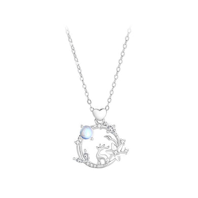 925 Sterling Silver Fashion Deer Flower Moonstone Pendant with Cubic Zirconia and Necklace