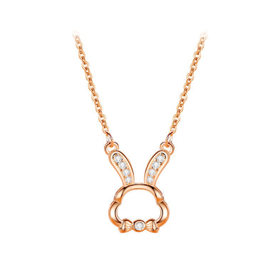 925 Sterling Silver Plated Rose Gold Simple and Cute Hollow Rabbit Pendant with Cubic Zirconia and Necklace