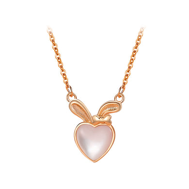 925 Sterling Silver Plated Rose Gold Simple Cute Rabbit Heart-shaped Imitation Opal Pendant with Necklace
