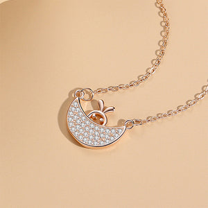 925 Sterling Silver Plated Rose Gold Fashion Cute Rabbit Moon Pendant with Cubic Zirconia and Necklace