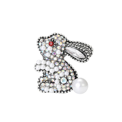 Fashion Brilliant Rabbit Imitation Pearl Brooch with White Cubic Zirconia
