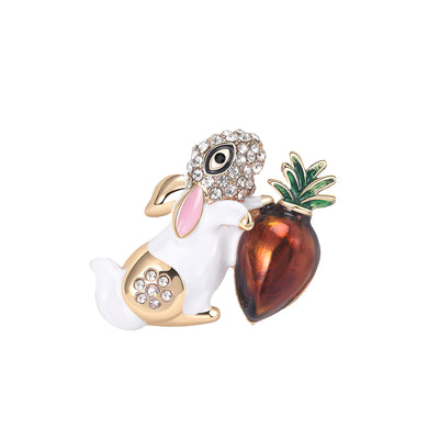 Simple and Creative Plated Gold Enamel White Rabbit Carrot Brooch with Cubic Zirconia