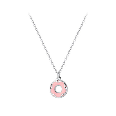 925 Sterling Silver Simple Sweet Enamel Pink Donut Pendant with Necklace