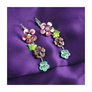 Pink and Blue Flower Earrings with Pink and Silver Austrian Element Crystals