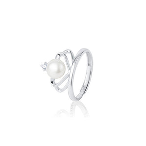 925 Sterling Silver Simple Temperament Heart-shaped Crown Freshwater Pearl Adjustable Ring with Cubic Zirconia