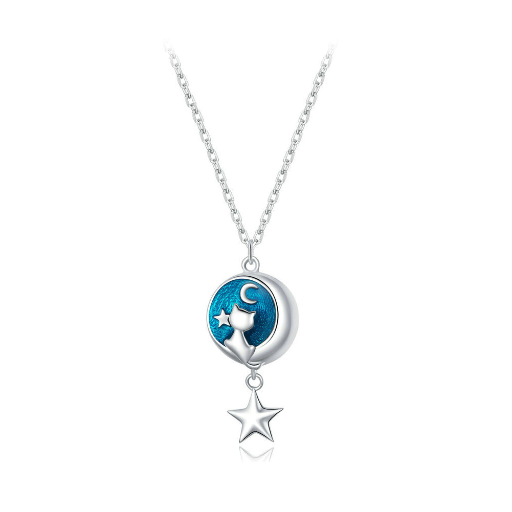925 Sterling Silver Fashion Temperament Moon Star Cat Blue Enamel Pendant with Necklace