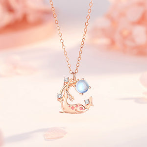925 Sterling Silver Plated Rose Gold Sweet and Fashion Sika Deer Moonstone Pendant with Cubic Zirconia and Necklace