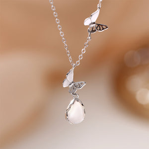 925 Sterling Silver Fashion and Elegant Butterfly Water Drop Shape Imitation Cats Eye Pendant and Necklace