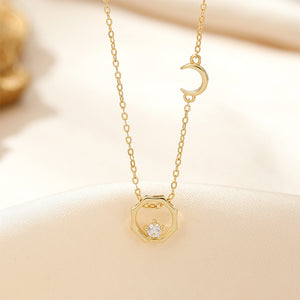 925 Sterling Silver Plated Gold Fashion Simple Sun and Moon Pendant with Cubic Zirconia and Necklace