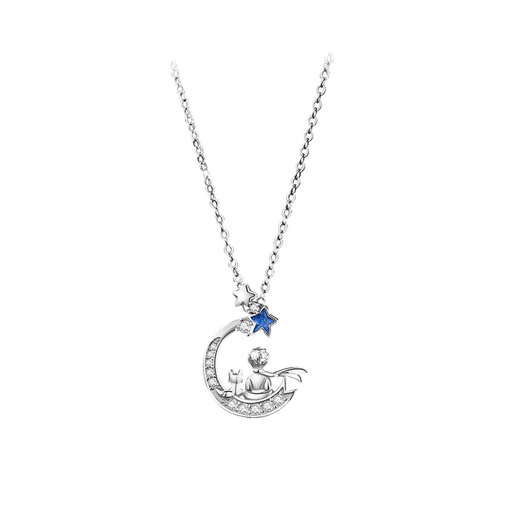 925 Sterling Silver Fashion and Creative Little Prince Moon Pendant with Cubic Zirconia and Necklace