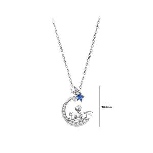 925 Sterling Silver Fashion and Creative Little Prince Moon Pendant with Cubic Zirconia and Necklace