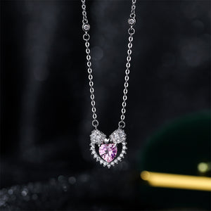 925 Sterling Silver Fashion Sweet Heart-shaped Pendant with Pink Cubic Zirconia and Necklace