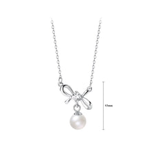 Load image into Gallery viewer, 925 Sterling Silver Simple and Sweet Ribbon Imitation Pearl Pendant with Cubic Zirconia and Necklace
