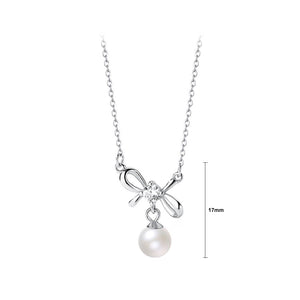 925 Sterling Silver Simple and Sweet Ribbon Imitation Pearl Pendant with Cubic Zirconia and Necklace