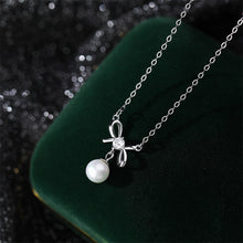 Load image into Gallery viewer, 925 Sterling Silver Simple and Sweet Ribbon Imitation Pearl Pendant with Cubic Zirconia and Necklace