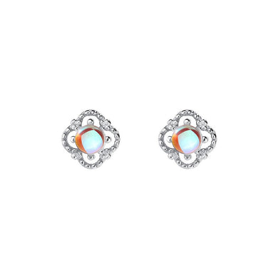 925 Sterling Silver Fashion Simple Hollow Four-leafed Clover Moonstone Stud Earrings