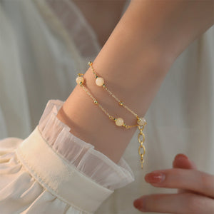 925 Sterling Silver Plated Gold Fashion Round Bead Imitation Hetian Jade Double Layer Bracelet