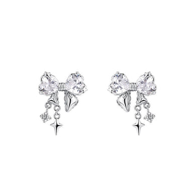 925 Sterling Silver Sweet and Cute Ribbon Stud Earrings with Cubic Zirconia